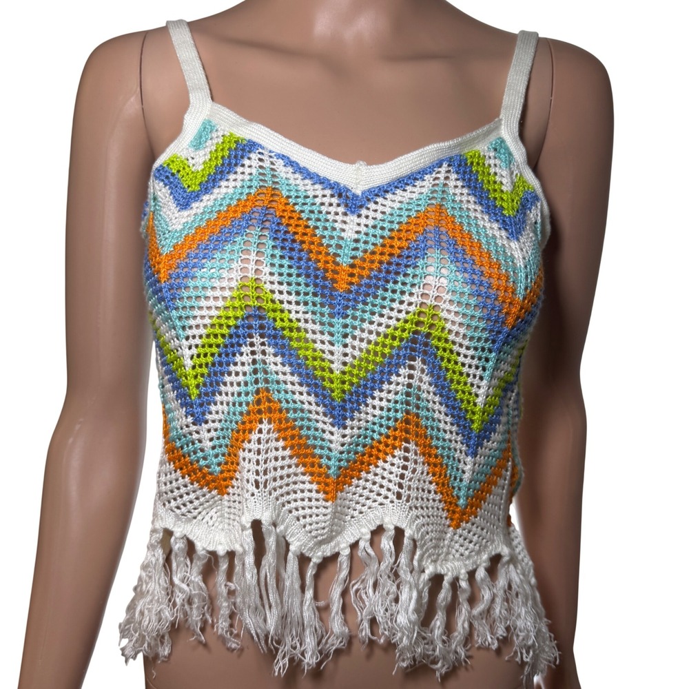 Almost Famous Womens Crochet Knit Chevron Fringe Cami Top Multi-Color Medium